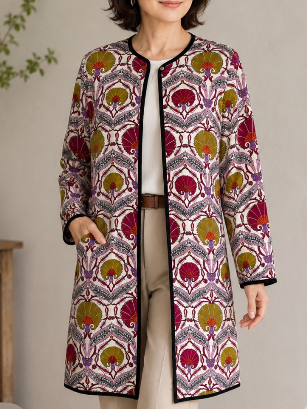 Shell Scroll motif open front ethnic inspired artsy dress walking summer coat